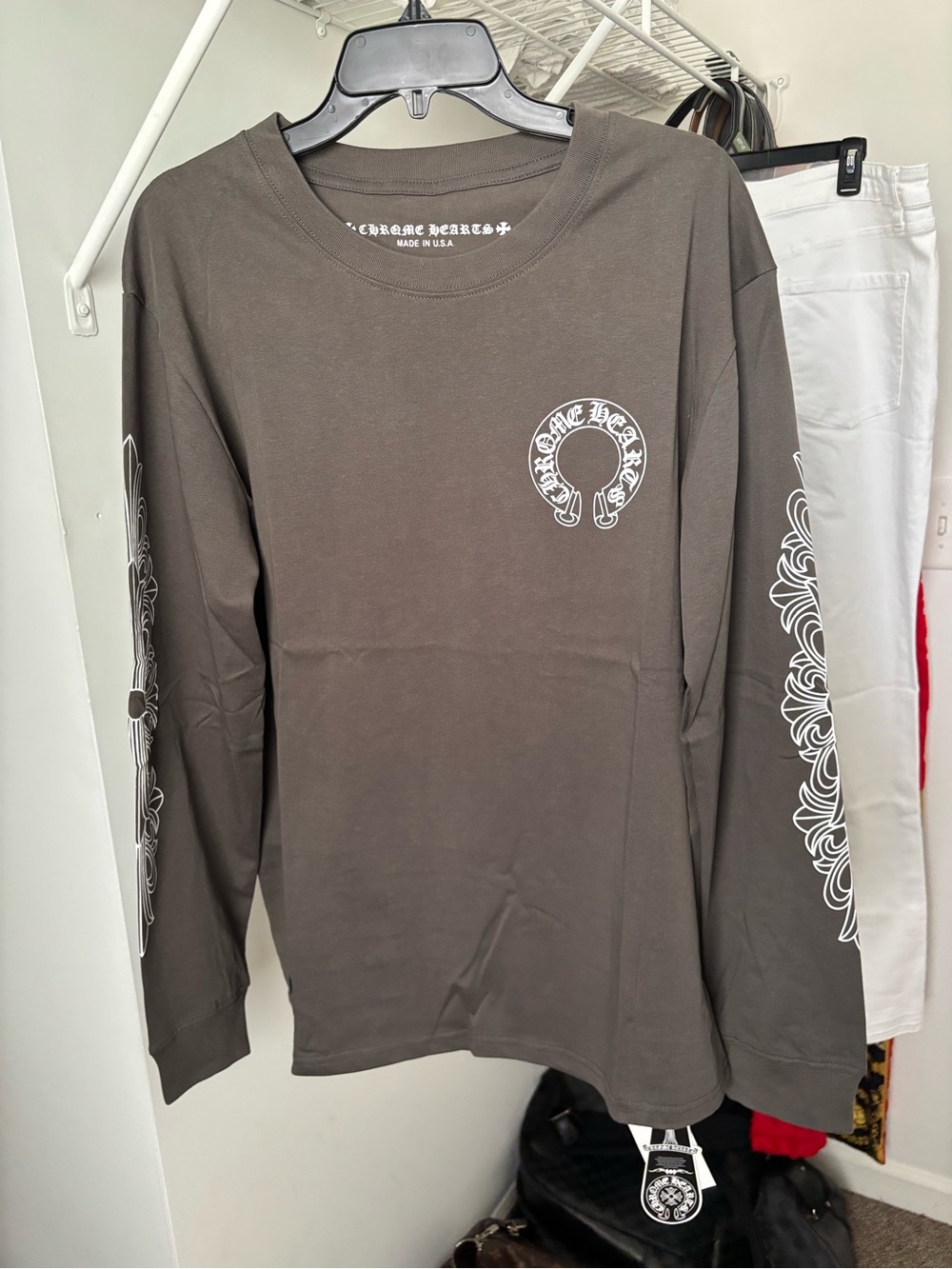 Chrome Hearts Brown Long-Sleeve Tee with White Gothic Print